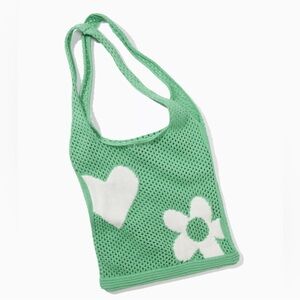 American Eagle Outfitters Daisy & Heart Green Crochet Knit Tote Bag